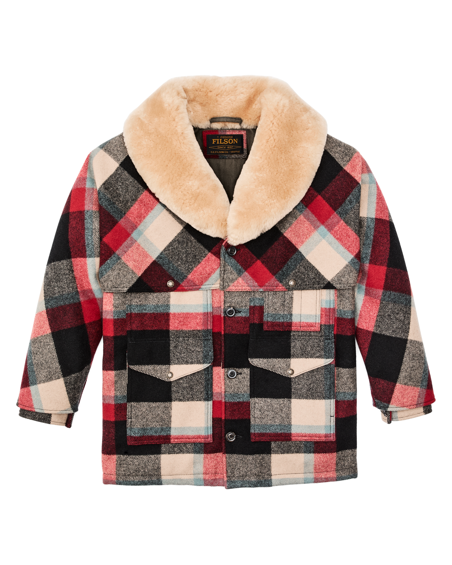 Lined Mackinaw Wool Packer Coat - Red / Cream / Blue Plaid