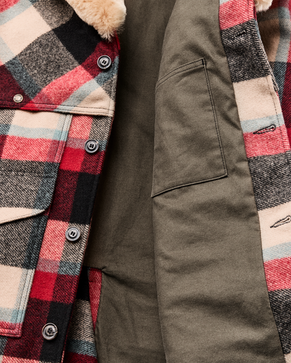 Lined Mackinaw Wool Packer Coat - Red / Cream / Blue Plaid
