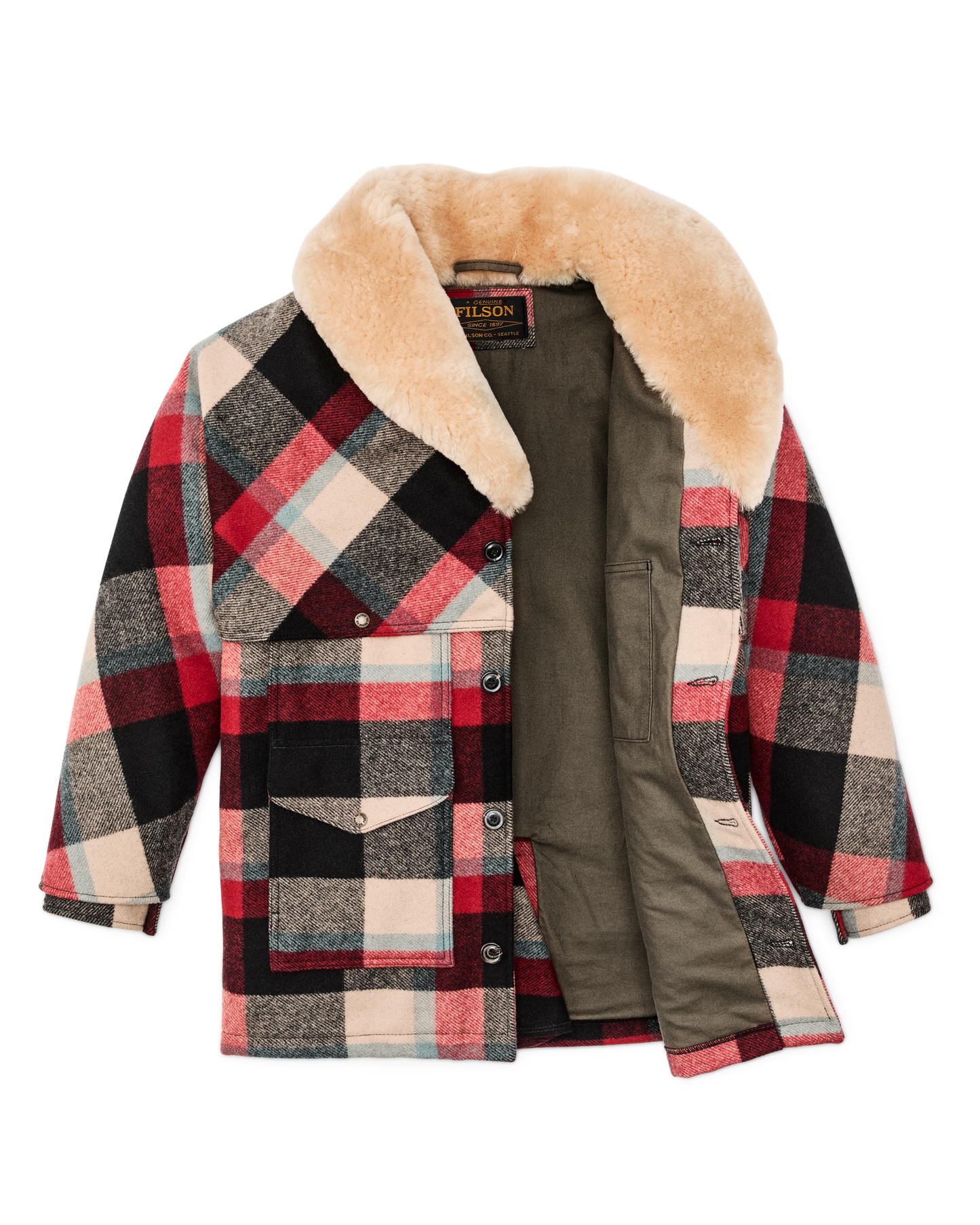 Lined Mackinaw Wool Packer Coat - Red / Cream / Blue Plaid