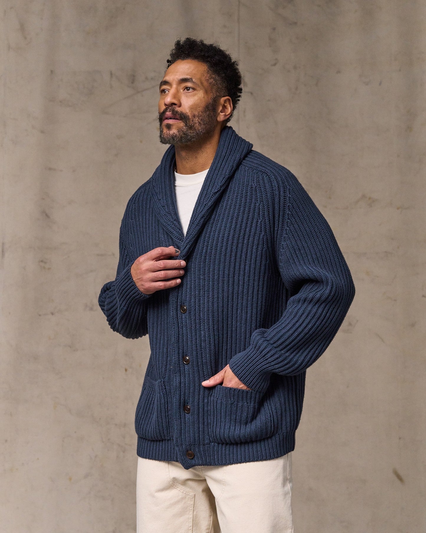 Fisherman Rib Cotton Cardigan - Navy