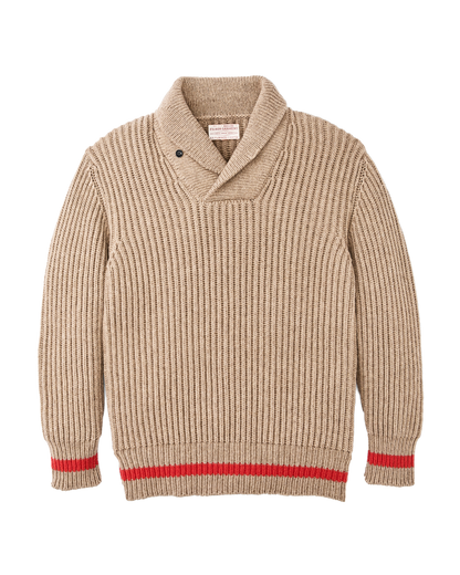 Bristol Shawl Neck Sweater  - Oatmeal Heather / Flame Stripe