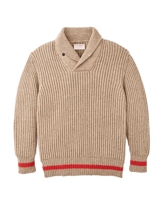 Bristol Shawl Neck Sweater  - Oatmeal Heather / Flame Stripe