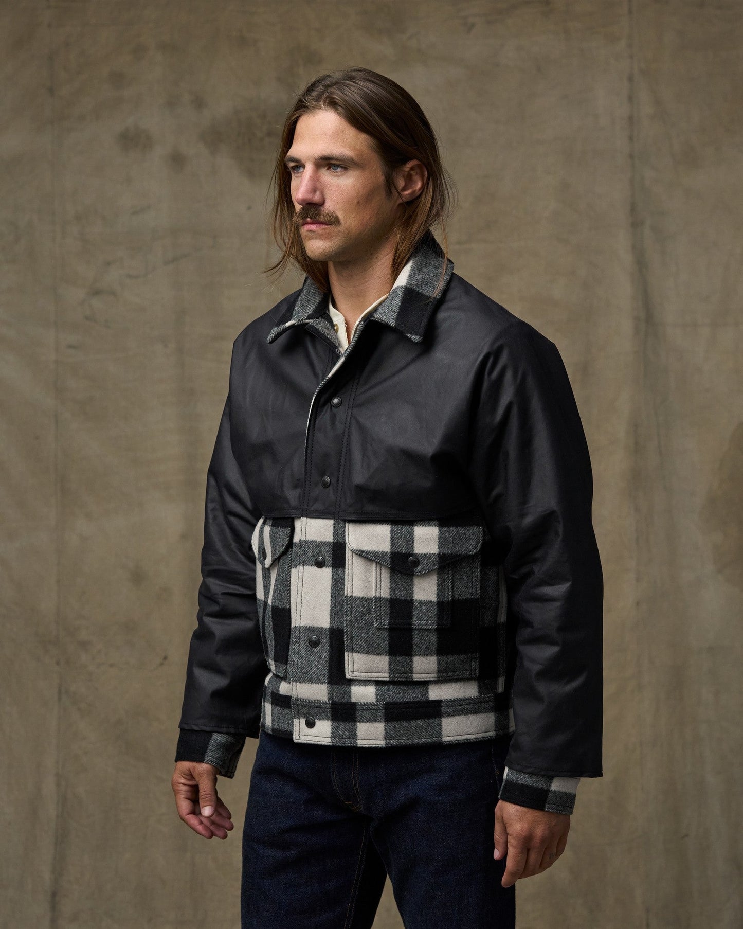 Mackinaw Wool Caped Jacket - Natural Black Plaid Navy