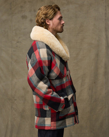 Lined Mackinaw Wool Packer Coat - Red / Cream / Blue Plaid