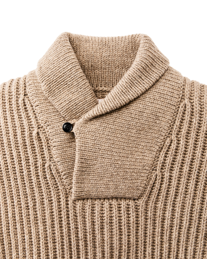 Bristol Shawl Neck Sweater  - Oatmeal Heather / Flame Stripe