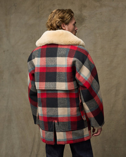 Lined Mackinaw Wool Packer Coat - Red / Cream / Blue Plaid